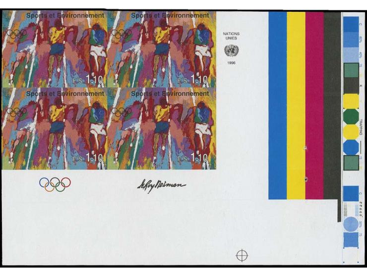 1996, 100 years Olympic Games 1,10 sfr., progressive die proofs (8) in corner blocks of 4