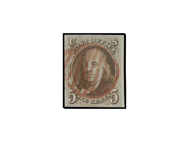 1847, 5 c. dark brown, fresh colour and good margins, used with red grid cancel, fine, certificate Philatelic Foundation