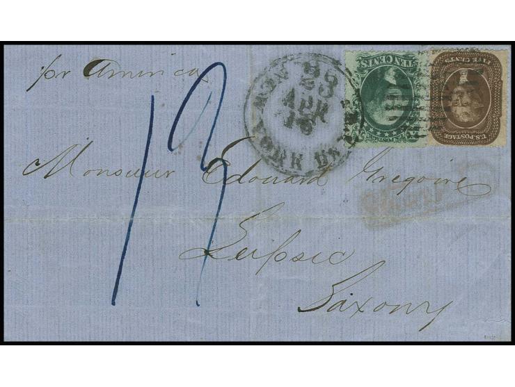 5 c. brown and 10 c. green, tied to letter sheet 1858, to Saxony; since no special route was endorsed on the envelope, the co