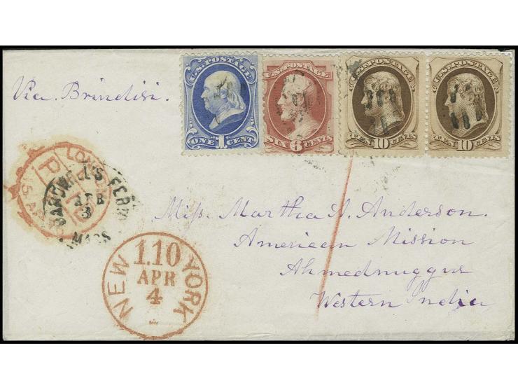 1870/71, 1 c. blue, 6 c. carmine and horizontal pair 10 c. brown tied to cover with adjacent "BARDWELL'S FERRY MASS. APR. 3" 
