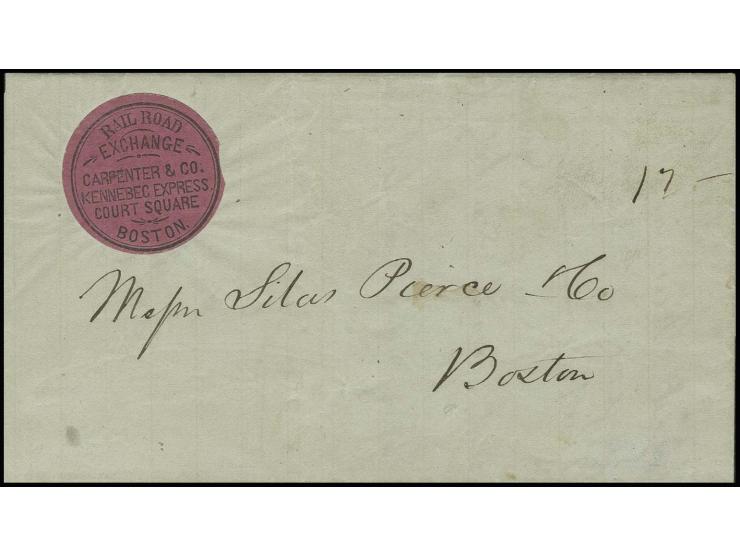 MISCELLANEOUS ITEMS: 1851, "RAIL ROAD EXHANGE CARPENTER & CO...BOSTON", label in black on red paper on folded letter to Bosto