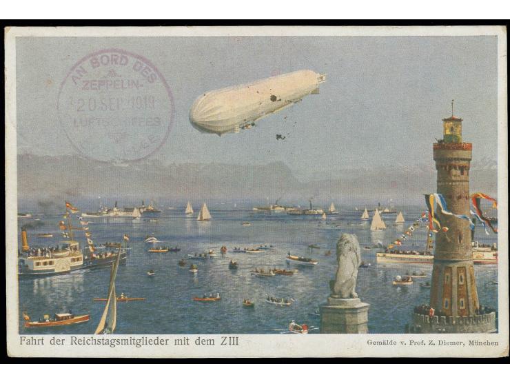 BODENSEE (LZ120): 1919, farbige Delag-Karte "Fahrt der Reichstagsmitglieder" mit Bordstempel vom 20.9. und Aufgabestempel "BE