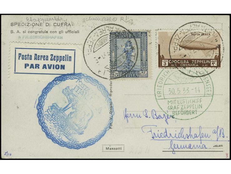 CYRENAIKA-POST: Karte mit Zeppelin 3 L., blauem Sonderstempel sowie unbekanntem schwarzem Poststempel von Tripoli, Kabinett