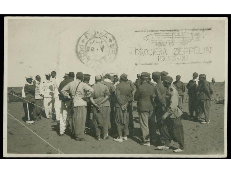CYRENAIKA-POST: Karte mit Zeppelin 3 L., blauem Sonderstempel sowie unbekanntem schwarzem Poststempel von Tripoli, Kabinett