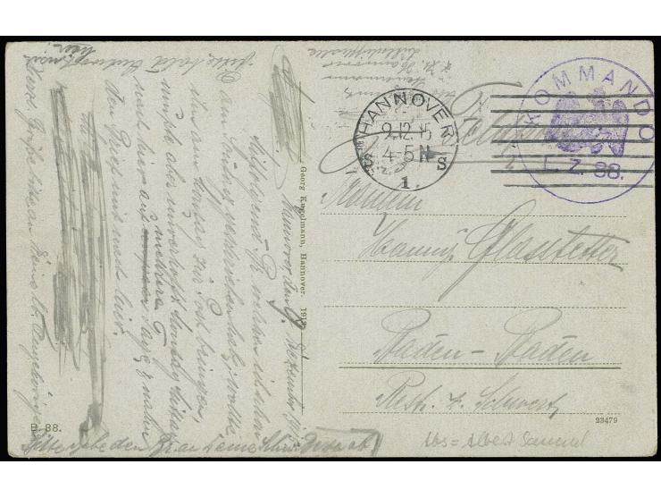 MILITÄRLUFTSCHIFFE: 1915, "KOMMANDO L.Z.88", violetter EKr. auf Feldpostkarte mit Aufgabestempel "HANNOVER 9.12.15" (3 Tage n