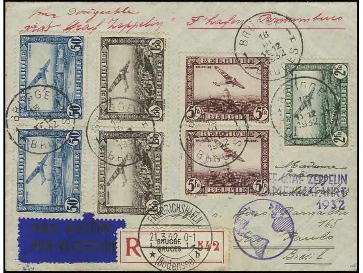 BELGIEN: 1932, 1. Südamerikafahrt, R-Brief mit 7 Flugmarken nach Sao Paulo, Pracht