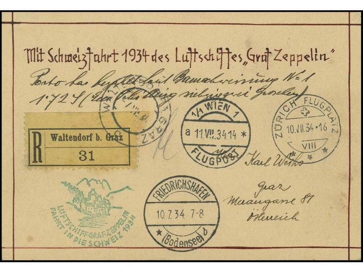 1934, Schweizfahrt, R-Karte mit extrem seltener Barfrankierung mit Aufgabestempel "WALTENDORF W. GRAZ" über Wien und Friedric