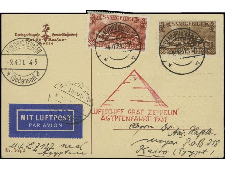 1931, Ägyptenfahrt, Karte, 1 Wert der Frankatur etwas über Rand geklebt, alle Stempel vorderseitig