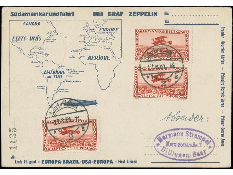 1. Südamerikafahrt, Karte Anschlußflug Berlin mit u.a. Mi.-Nr. 103 und 126I/III, Pracht