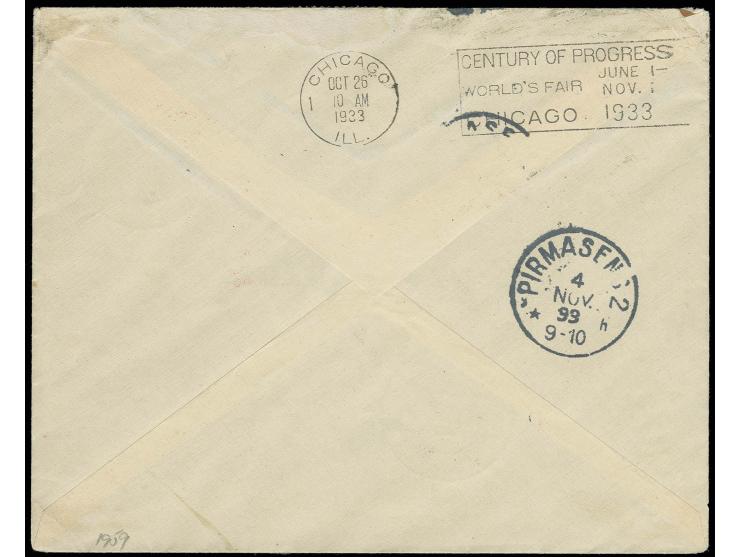 1933, Chicagofahrt, Brief mit u.a. 2 Werten Madonna 10 Fr. (beide oben fehlerhaft) nach Chicago