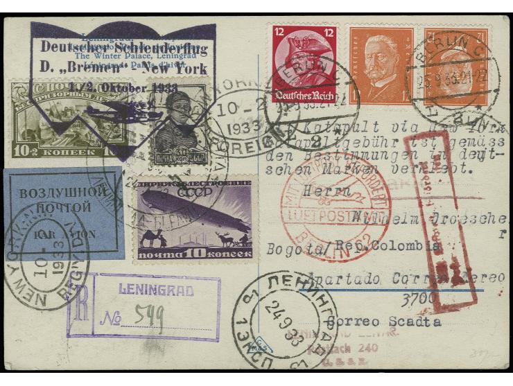 1933, "BREMEN-New York 1/2.10.", R-Karte nach Bogota mit rückseitiger kolumb. Flugpost-Frankatur, Pracht (Graue/Leder-Nr. K17