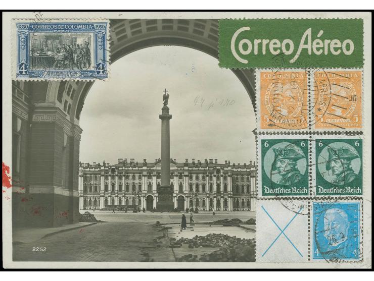 1933, "BREMEN-New York 1/2.10.", R-Karte nach Bogota mit rückseitiger kolumb. Flugpost-Frankatur, Pracht (Graue/Leder-Nr. K17