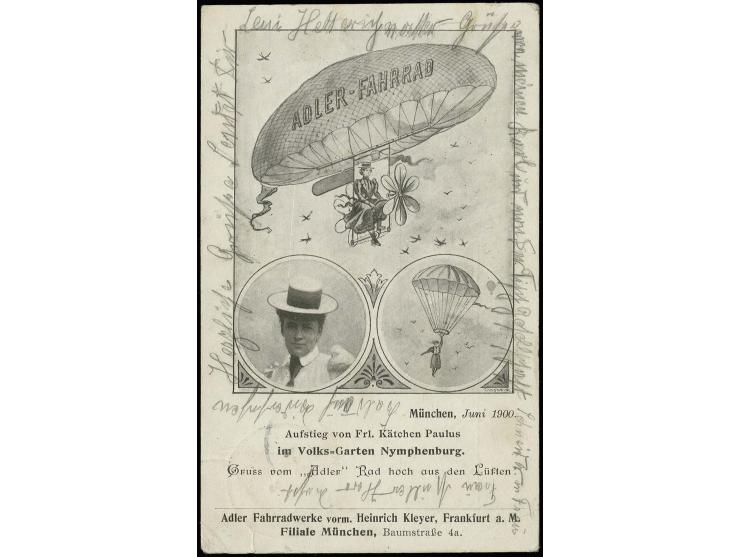 1900, Reklamekarte der Adler-Fahrradwerke vom "Aufstieg von Frl. Kätchen Paulus im Volks-Garten Nymphenburg", gebraucht von M