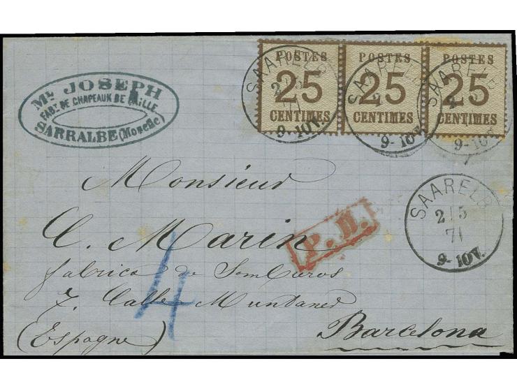 SPANIEN: 1870, 25 Centimes braun in dunkler Nuance, waagerechter 3er-Streifen mit EKr. "SAARELB 2/5 71" auf Briefhülle nach B