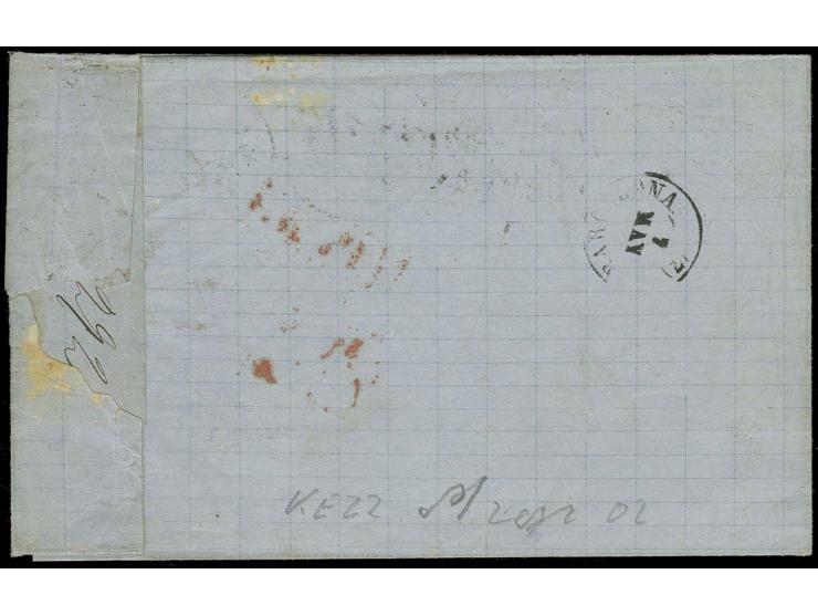 SPANIEN: 1870, 25 Centimes braun in dunkler Nuance, waagerechter 3er-Streifen mit EKr. "SAARELB 2/5 71" auf Briefhülle nach B
