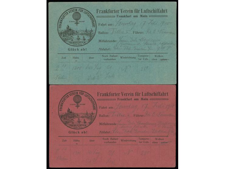 1910, Ballon "TILLIE II" des "Frankfurter Verein für Luftschiffahrt", 2 Karten auf grünem (RR!) bzw. rotem Karton, beide von 