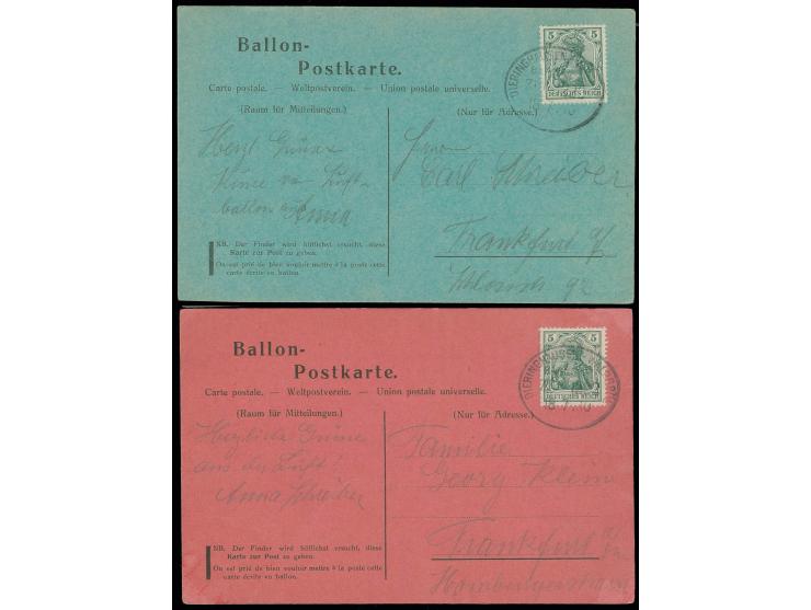 1910, Ballon "TILLIE II" des "Frankfurter Verein für Luftschiffahrt", 2 Karten auf grünem (RR!) bzw. rotem Karton, beide von 