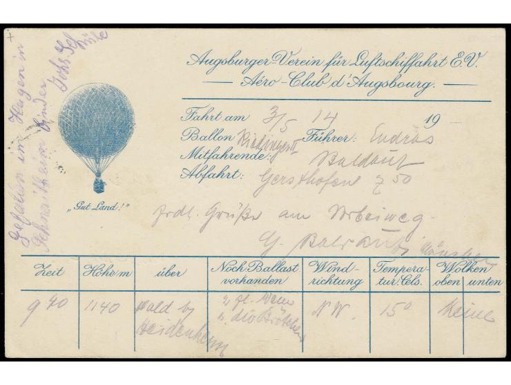 1914, Abwurfkarte des "Augsburger-Verein für Luftschiffahrt E.V.", abgeworfen aus Ballon "Riedinger II" über Heidenheim mit F