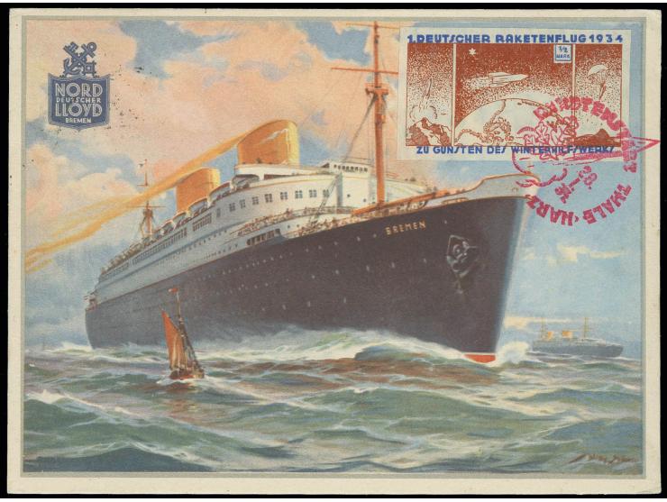 1934, Thale 28.1., Karte mit Raketenmarken EZ-Nr. 6A1-3 sowie Wagner 6 Pfg., gestempelt "THALE 29.1.34" nach Weimar, Kabinett