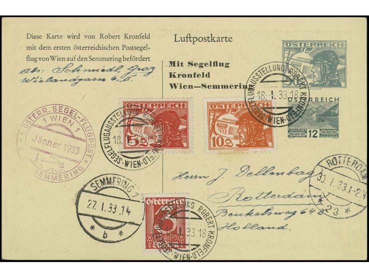 ÖSTERREICH: 1933, Wien-Semmering, Ganzsachen-Sonderkarte mit violettem Sonderstempel und Aufgabestempel "WIEN SEGELFLUGAUSSTE