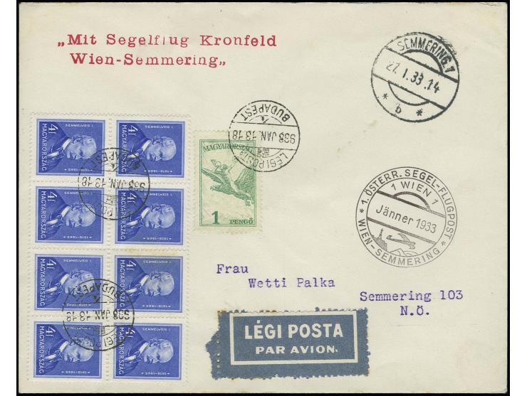 UNGARN: 1933, erster Post-Segelflug Wien-Semmering 27.1., Brief mit rotem L2-Leitstempel, Pracht