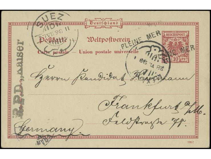 1898, "PLEINE MER", L1 auf Ganzsachenkarte Adler/Krone 10 Pfg., Karte von der Postübernahme im Suezkanal durch den deutschen 