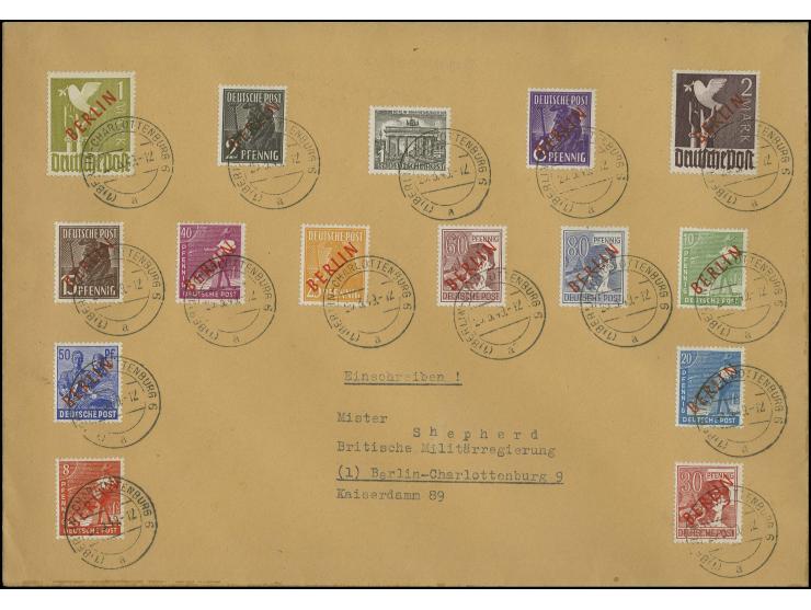1949, Rotaufdruck 2 Pfg.-2 M kpl. und Bauten 1 Pfg. je mit Stempel "BERLIN-CHARLOTTENBURG 6 25.3.49" auf Dr. Holtöfer-Präsent