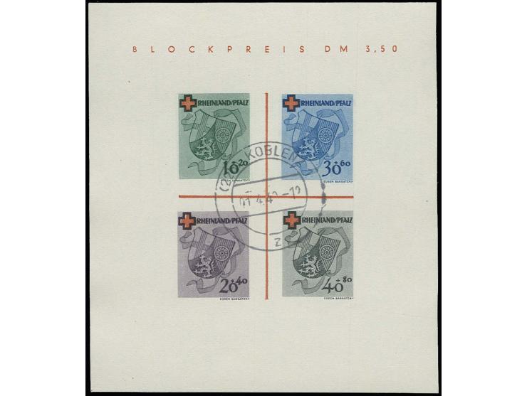 1949, Rot-Kreuz-Block mit zentrischem Stempel "KOBLENZ 01.4.49", einwandfrei, Fotoattest Straub BPP