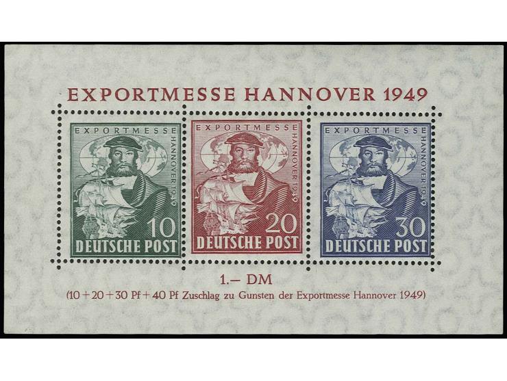 1949, Exportmesse-Block mit verschobenem Druck der grünen und blauen Farbe (10 Pfg. und 30 Pfg.) nach rechts unten, postfrisc