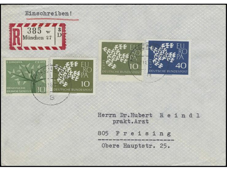 1961, Europa 10 Pfg. ungezähnt mit Zufrankatur mit Stempel "MÜNCHEN -7.11.63" auf portogerechtem R-Brief nach Freising, einwa