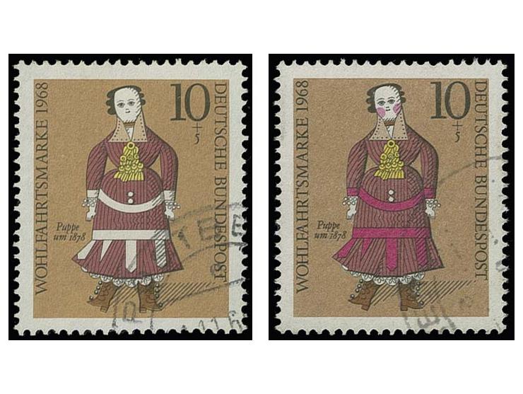 1968, Wohlfahrt 10 Pfg. mit fehlender Farbe Magenta, sauber gestempelt, tadellos