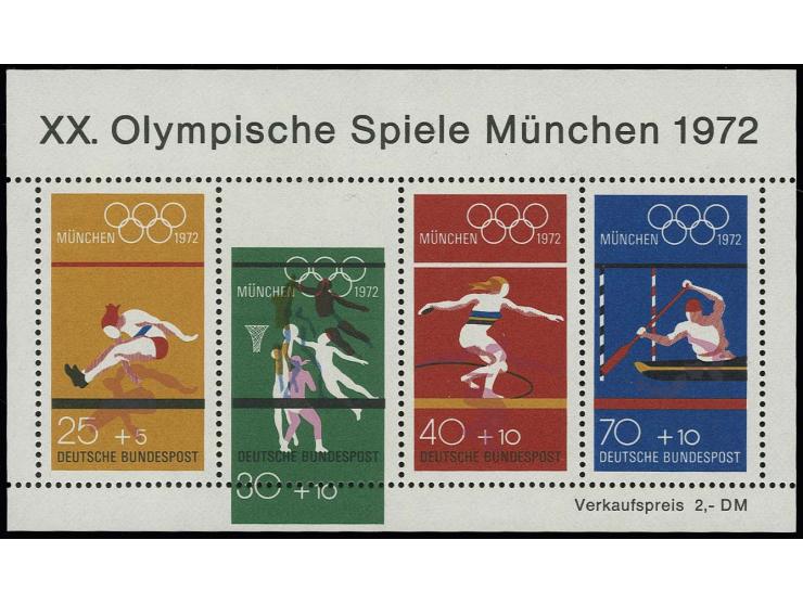 1972, Olympische Sommerspiele-Block dabei Farben schwärzlichsmaragdgrün und hellkarminlila um 7mm nach unten verschoben, post