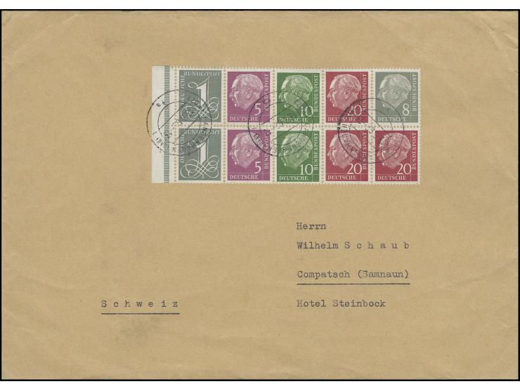 1958, Heftchenblatt Heuss und Ziffer, Wz. Y Erstauflage mit Rand auf portogerechtem Brief der 4. Gewichtsstufe von "LANGENHAG