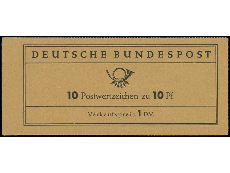 1960, Heuss lumogen 10 Pfg., Heftchenblatt mit Druckerzeichen "5" nachträglich zart eingeklebt (am Rand) in einem Deckel der 
