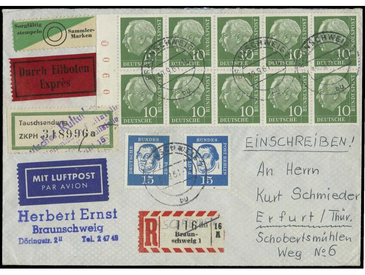 Heftchenblatt mit roter Bogenlaufnummer und Zufrankatur auf Einschreibe-Eilboten-Brief von "BRAUNSCHWEIG 30.9.61" nach Erfurt