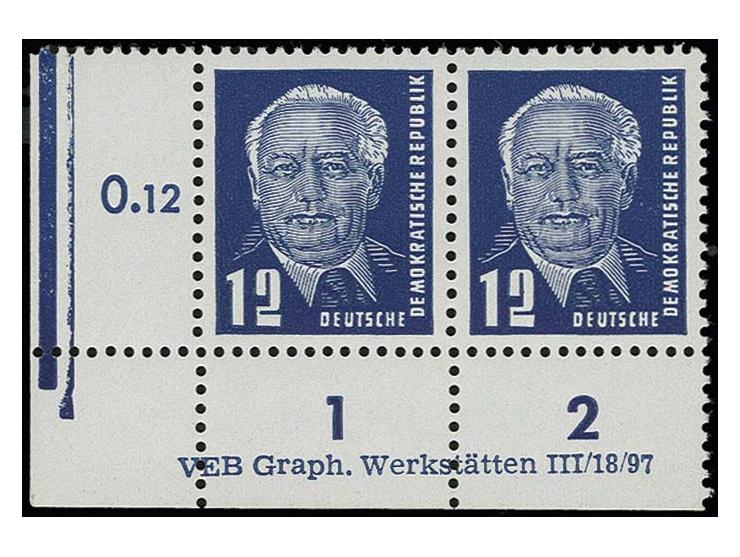12 Pfg. dunkelblau auf gestrichenem Papier mit Wz. 2X I im waagerechten Paar aus der linken unteren Bogenecke mit Druckvermer
