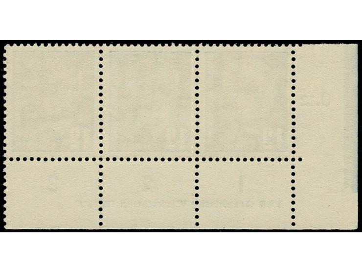 12 Pfg. dunkelblau auf gestrichenem Papier mit Wz. 2X II im waagerechten Dreierstreifen aus der linken unteren Bogenecke mit 