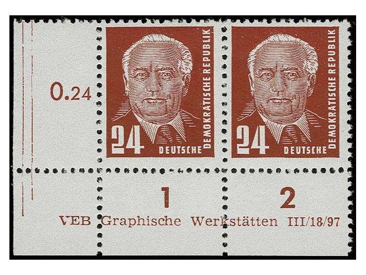 24 Pfg. dunkelrot auf gestrichenem Papier mit Wz. 2X II im waagerechten Paar aus der linken unteren Bogenecke mit Druckvermer