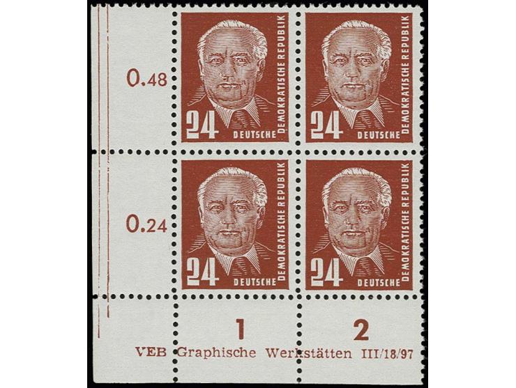 24 Pfg. dunkelrot auf gestrichenem Papier mit Wz. 2Y I im Viererblock aus der linken unteren Bogenecke mit Druckvermerk 3, po