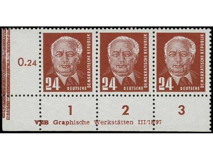 24 Pfg. dunkelrot auf gestrichenem Papier mit Wz. 2Y I im waagerechten Dreierstreifen aus der linken unteren Bogenecke mit Dr