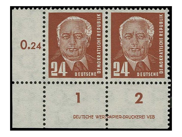 24 Pfg. auf gewöhnlichem Papier mit Wz. 2X II im waagerechten Paar aus der linken unteren Bogenecke mit Druckvermerk 1, postf