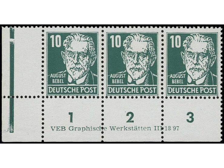 10 Pfg. schwärzlichgrün auf gestrichenem Papier mit Wz. 2X II im waagerechten Dreierstreifen aus der linken unteren Bogenecke