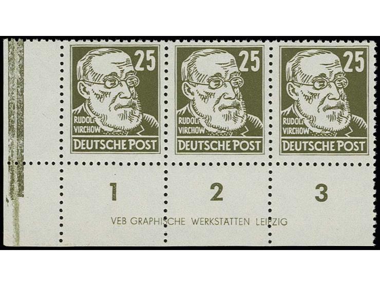 25 Pfg. auf gestrichenem Papier mit Wz. 2X I im waagerechten Dreierstreifen aus der linken unteren Bogenecke mit Druckereizei
