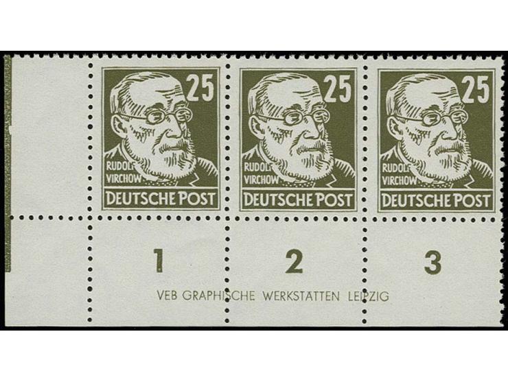25 Pfg. auf gestrichenem Papier mit Wz. 2X II im waagerechten Dreierstreifen aus der linken unteren Bogenecke mit Druckereize