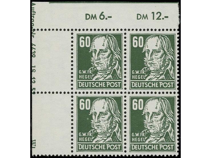 60 Pfg. schwärzlichgrün mit Wz. 2X II im Viererblock aus der linken oberen Bogenecke mit Druckkontrollvermerk "Auftrag.-Nr.44