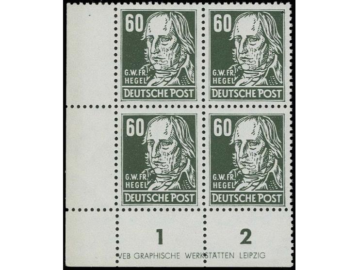 60 Pfg. schwarzgrün auf gestrichenem Papier mit Wz. 2X I im Viererblock aus der linken unteren Bogenecke mit Druckereizeichen