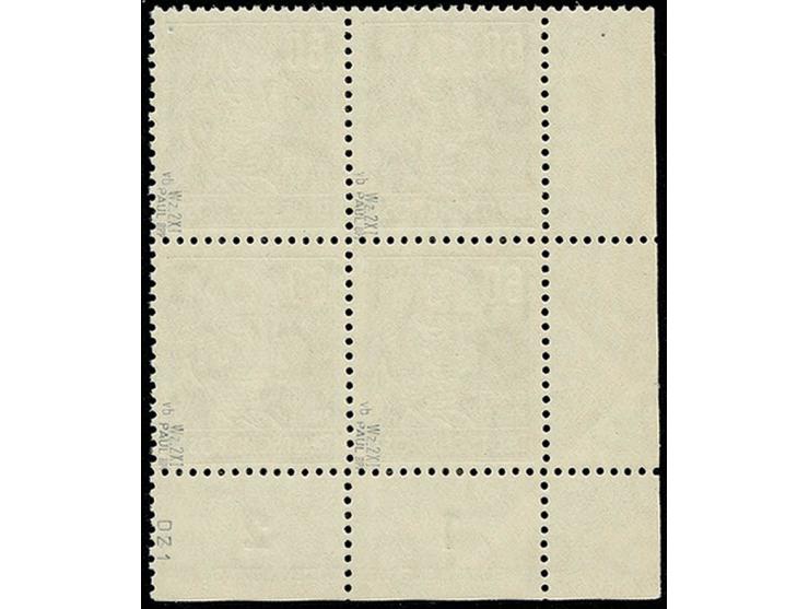 60 Pfg. schwarzgrün auf gestrichenem Papier mit Wz. 2X I im Viererblock aus der linken unteren Bogenecke mit Druckereizeichen