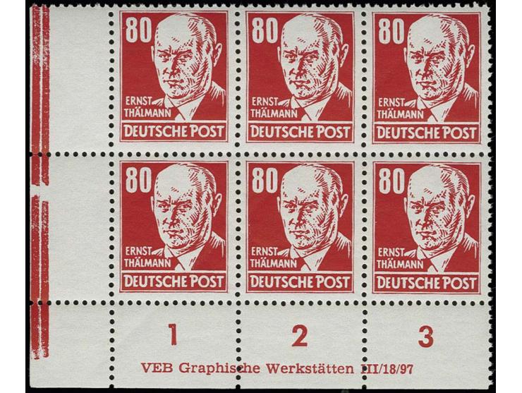 80 Pfg. auf gestrichenem Papier mit Wz. 2X II im waagerechten 6er-Block aus der linken unteren Bogenecke mit Druckereizeichen