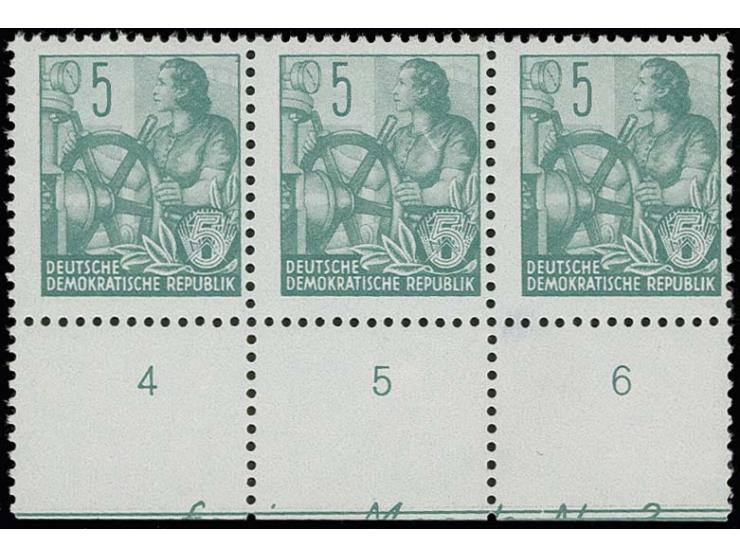 Fünfjahrplan 5 Pfg. mit Wz. 2X I im waagerechten Unterrand-Dreierstreifen mit Druckkontrollvermerk "perfor. Maschin. Nr. 3" F