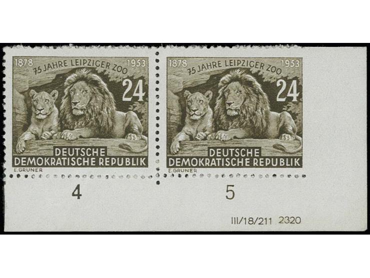 Leipziger Zoo 24 Pfg. rechts ungezähnt, einmal im waagerechten Paar aus der rechten unteren Bogenecke mit Druckvermerk, postf